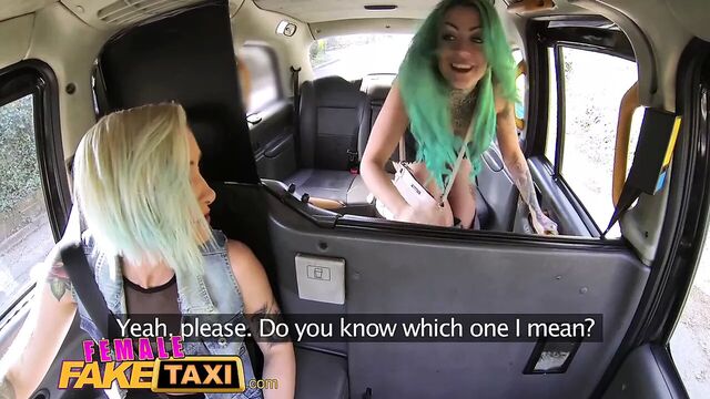Female Fake Taxi Dildo makes hot lesbian tattooed babe